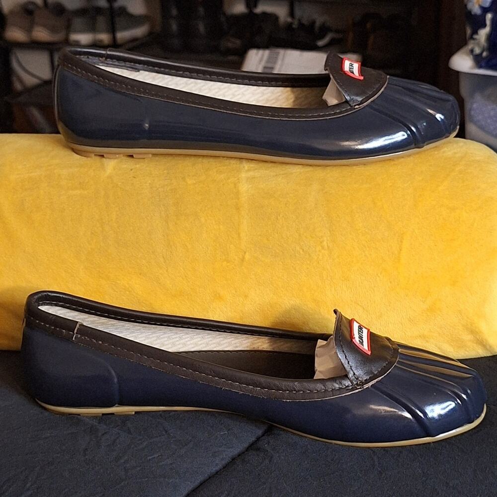 Hunter Flats Women's 10 Navy Blue Rubber Leather Logo Outdoor Nature Waterproof - Picture 2 of 9